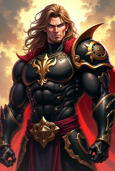 male character, Big brown hair, black and gold armor. yellow  eyes. Small goatee. anime dash