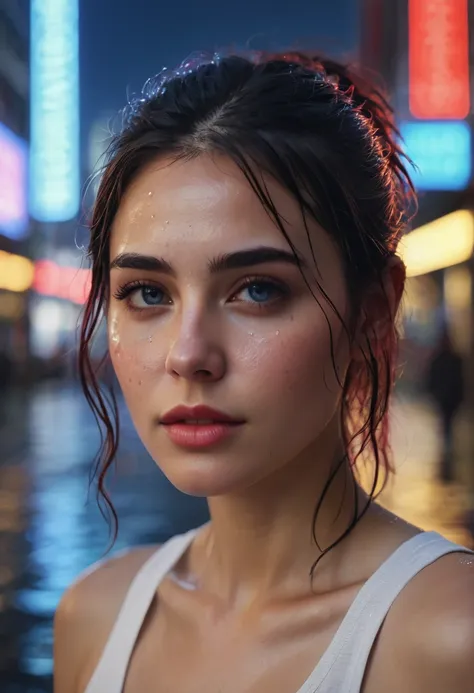 A high quality photo of super very close-up portrait of a beautiful 25 year old woman with a mesmerizing and intense gaze, her face illuminated by bright neon lights. Blue and red neon shines onto her face from a city, it is raining, rain drips down her fa...