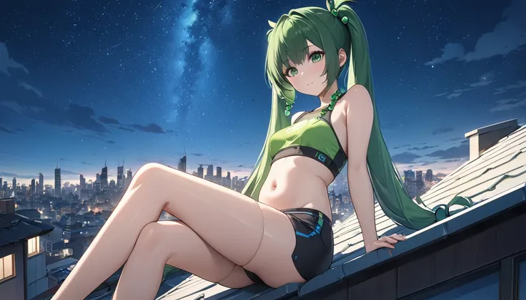 masterpiece，high resolution，Anime Art，Anime Numbers， 4k anime wallpaper，Soft Light，Radiant Skin，Looking at the camera，Solitary，1 anime girl，Sitting sideways on the roof of the house，Green twin ponytails，Green beads in hair，Straight chest，Belly button，(Gree...