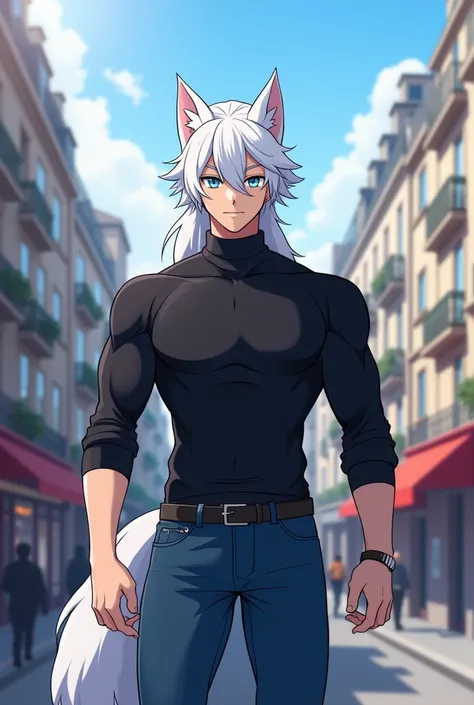 A light-skinned man, Light Blue Eyes, hair as white as snow, with wolf ears and tail, wearing a black long sleeve turtleneck shirt, a pair of blue jeans, in paris, muscled body, anime styling
