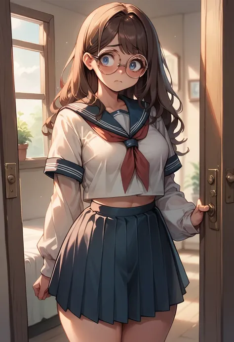 (Masterpiece), very detailed, 1girl, solo, perky breasts, round eyeglasses, brown hair, blue eyes, thick thighs, standing in the bedroom, skirt, serafuku, worried expression, wide eyes, standing at the door way