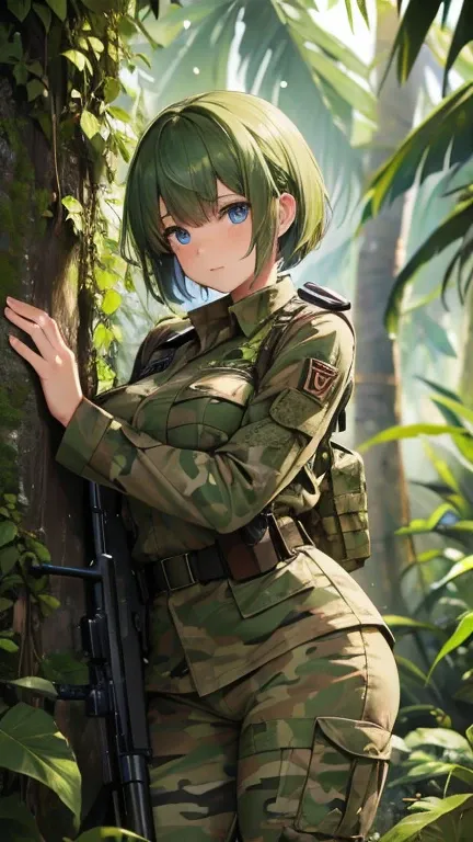 High resolution, female soldier on guard in the jungle with lots of trees, tropical climate, female soldier in camouflage uniform, long sleeve military uniform, short bob, blue eyes, kind face, soft expression, full breasts, big buttocks, thighs