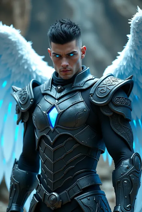 Cinematic, ultra high realistic, a steely glaze of a male black shorthaired buzz cut battle angel in armor with blue glowing and glittering eyes,  Engraved on his armor "Kodo", white angelwings, 