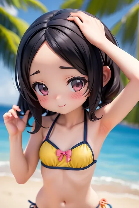 Swimwear、セパレートSwimwear、Girl、Girl、Mini character、Primary school students、small、Black Hair,、The forehead is visible、Forehead、whole body、
