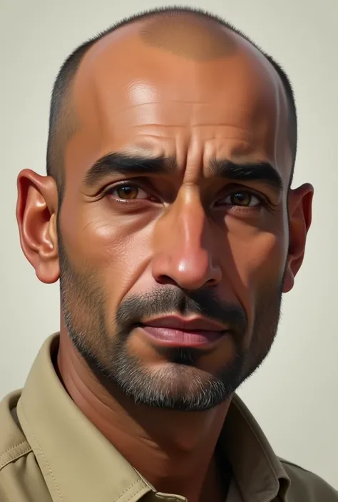 Creat a Pakistani bald man light eyebrows and a bit big nose and lips should be smal and his eyes color is light brown
Skin tone should be not to light nor dark


