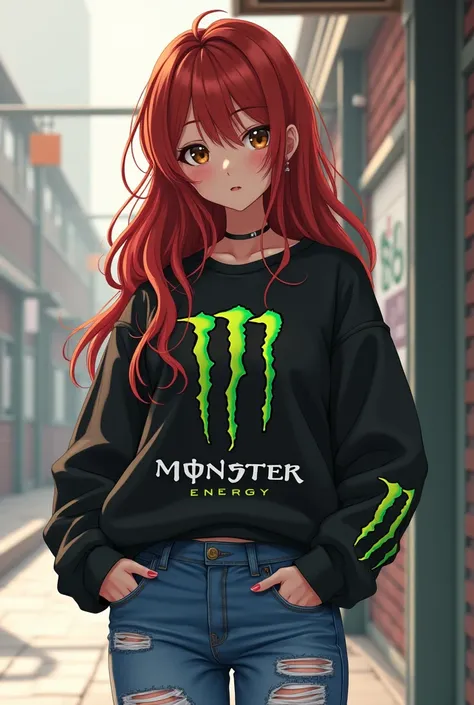 Girl 1.68 tall, with long hair that falls down the back, Red color, amateur skin, brown eyes, wearing a baggy sweatshirt with the Monster drink logo and blue jeans with cuts and tights, Medium breasts below the diver and slightly large thighs. anime style.