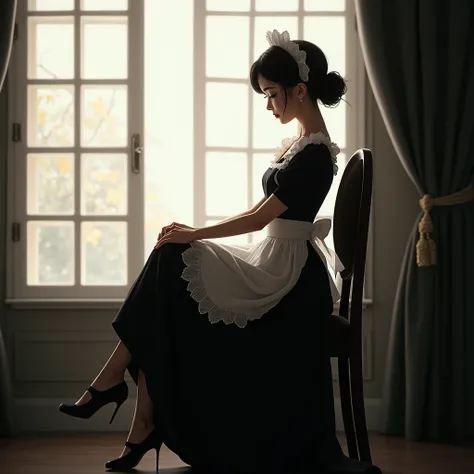 Draw a beautiful maid in a black and white dress sitting on a chair by the window with her legs crossed 