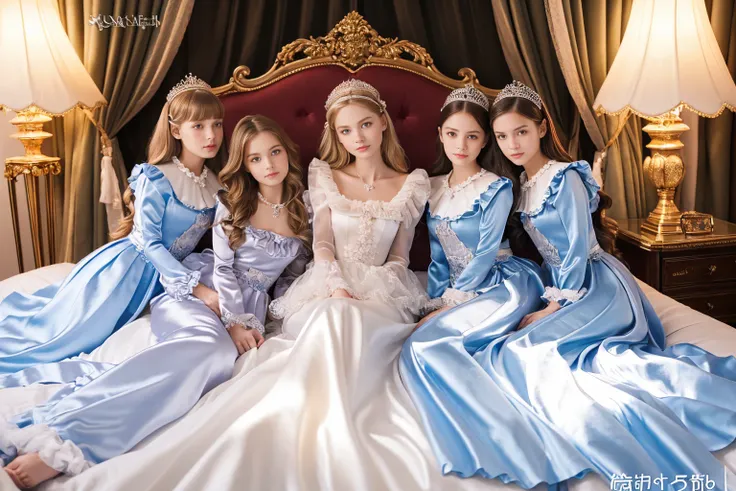 ,highest quality, masterpiece, highest resolution, artwork, , 3k realistic pictures,,((10 year old little girls)),Ultra-detailed juvenile face,three are princesses,full length ball gown dress with hoop skirt,ruffled yoke collar,puff sleeves,long sleeve,((L...