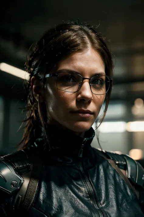 (cyberpunk military scientist:1) (1woman) dark theme :: focus on closeup face, curious face, Katee Sackhoff face, ultra realistic futuristic cyberpunk tall athletic woman, :: medium brown hair, futuristic glasses nerd :: inside cyberpunk office :: brown ey...