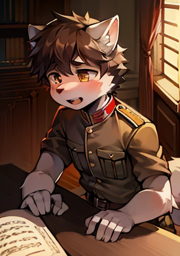 high quality, masterpiece, Amazing details, Dynamic Angle,Detailed background , Cute little wolf in WWI British uniform，Boys have strong sexual desire