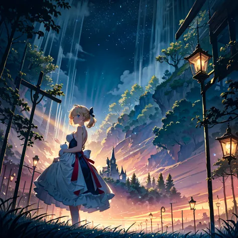 Fantasy world, eyes shine like searchlights in the darkness of the night, blonde hair, girl hugging a rabbit, healing, woman dressed as Alice in Wonderland, bare shoulders, side breasts, light and darkness, artistic A memorable masterpiece, a fantastic and...