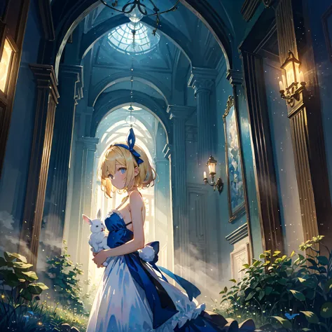 Fantasy world, eyes shine like searchlights in the darkness of the night, blonde hair, girl hugging a rabbit, healing, woman dressed as Alice in Wonderland, bare shoulders, side breasts, light and darkness, artistic A memorable masterpiece, a fantastic and...