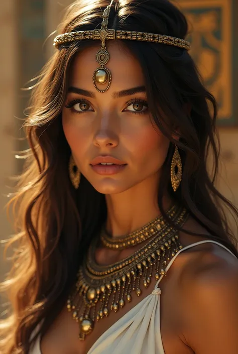 Create a very beautiful Egyptian woman, straight brown loose hair, brown eyes and white 