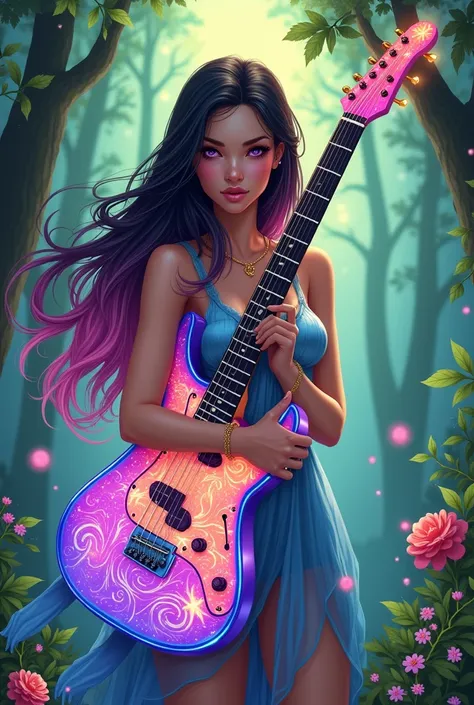 a vibrant and fantastical illustration of a young woman in an enchanted forest, holding a vivid, iridescent electric guitar close to her body. Her long, flowing hair fades from black to pink, catching the light in a way that adds a magical aura to her appe...