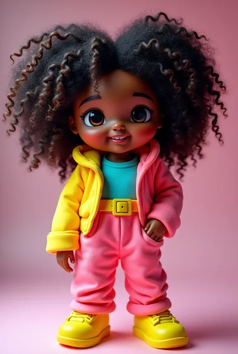 A cake topper featuring a little black girl with curly hair, chubby,Neon Clothing 
