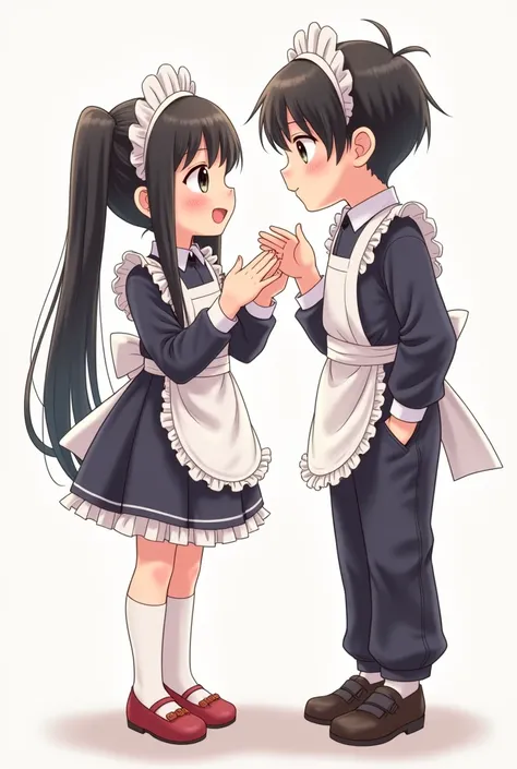 Create an image of a white-skinned Asian girl with black hair and a white-skinned Asian boy with black hair, both wearing a maid outfit