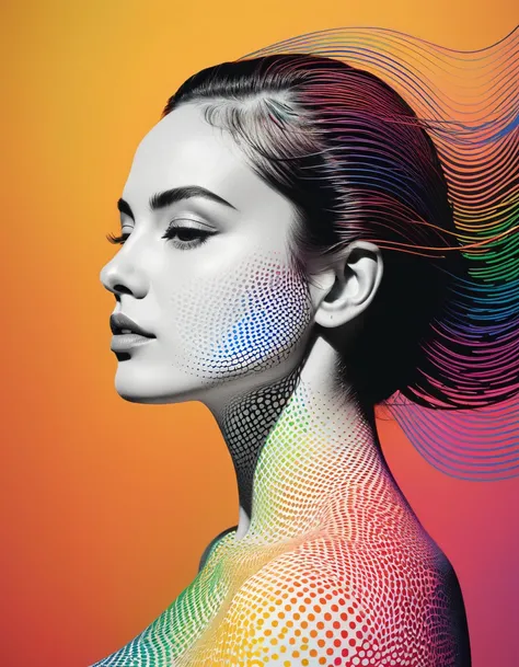 Woman with thin continuous lines, upper body, multicolor halftone color background, masterpiece