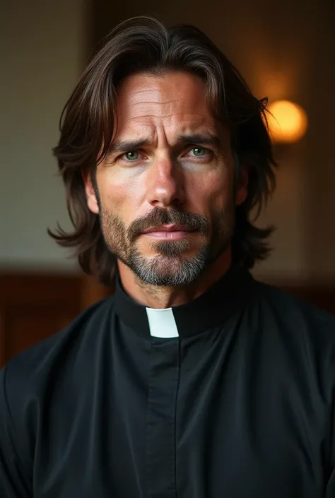 HD image, hyper realistic. Ian Somerhalder with a goatee as a Lutheran pastor wearing a clerical collar, lutheranism. 

Hedium length hair. Handsome man. 

Full body image. 