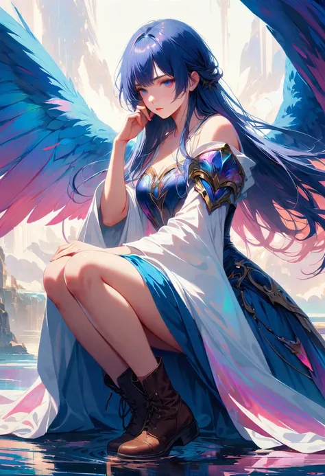 20 years old, with short dark blue hair to the shoulders, a serious yet tender expression, and bright light blue eyes. She dresses in an antique style, wearing a long dark blue skirt that reaches her knees, and small dark brown boots up to her ankles. Her ...