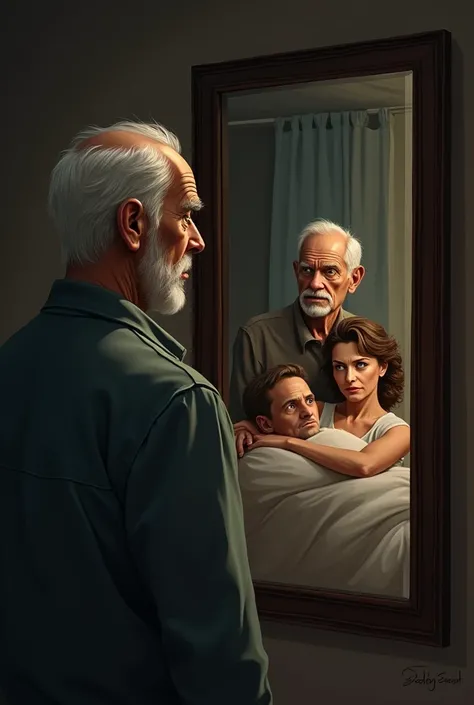 An image of an elderly man watching his daughter and son-in-law, that are in another room from the mirror lying down 