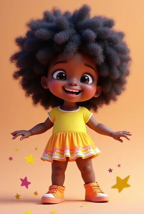 A cake topper featuring a curly black child, chubby, neon dress
