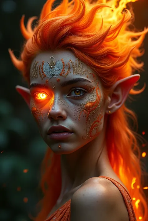 Creates the image of Curupira.

Description, a white boy with fiery hair, Indian features and with Indian facial paint reminiscent of fire and elven ears.

Eye on fire