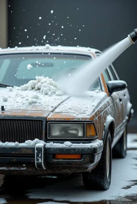 Dirty car being washed with foam jet 