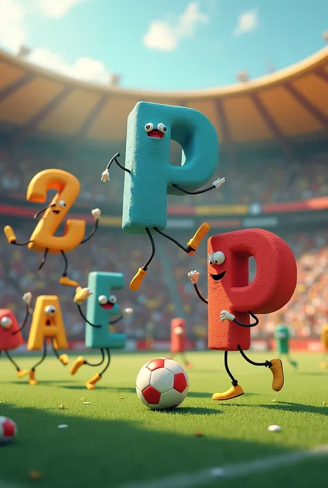 Alphabet like “ABCDEFGHIJKLMNOP”playing football without human with stick legs

More alphabet please
More 3D
Without humans in the game
More Audience