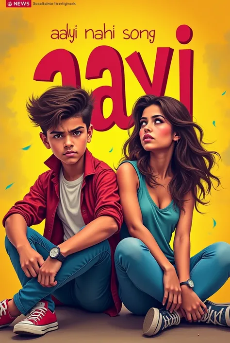 Make an image for me in which there is a boy and a girl both of them are sitting with attitude and in the text next to them "Aayi Nahi Song " is written, the text of the boy should be red and yellow and the size of the thumbnail should be 16:9