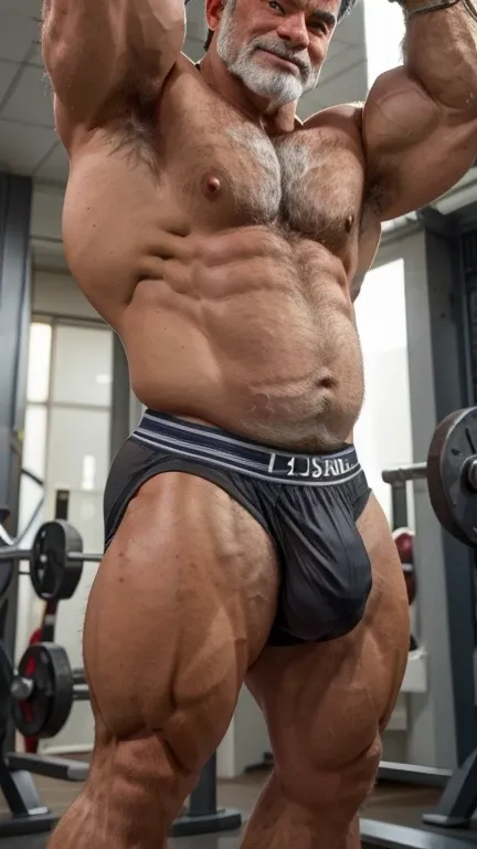 An older Japanese male bodybuilder with his upper body naked。Big muscles。Big Belly。thick limbs。
A standing posture that shows the whole body。
極端に短いGray-hairedの顎髭。
極端に短いGray-hairedの髪。
Japanese male bodybuilder wears only white jockstrap。大きなbulge。
The crotch...