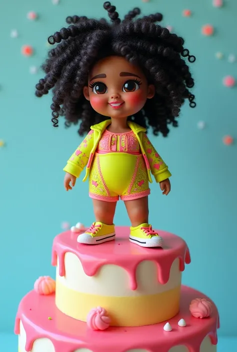 A cake topper featuring a curly black teenager, chubby, neon dress
