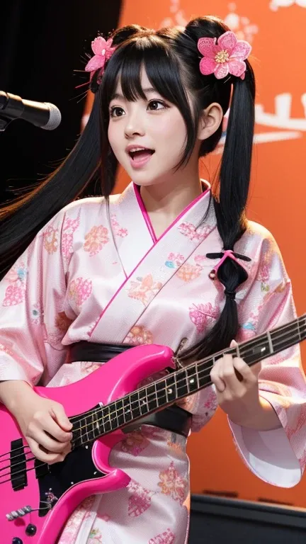 a beautiful and cute girl in a band, wearing a flashy patterned haori hakama with black hair with pink inner short twin tails, holding a bass guitar and singing