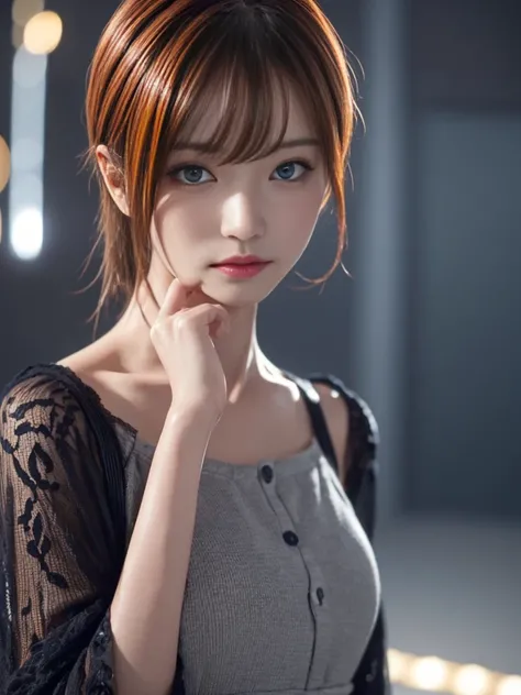 masterpiece, 美しい少女1 person, detailed, Swollen eyes, Highest quality, 超High resolution, (reality: 1.4), Original photo, 1 person, Cinema Lighting, (smile:0.6), Japanese, Asian Beauty, Proper, really beautiful, A little young face, Beautiful Skin,Orange Hair...