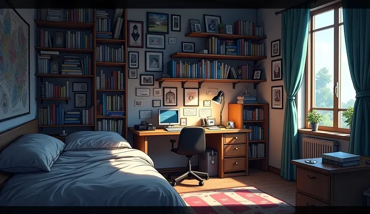 a bedroom of a nerdy anime girl, on the style of the "Deathnote" anime series, no character, anime style