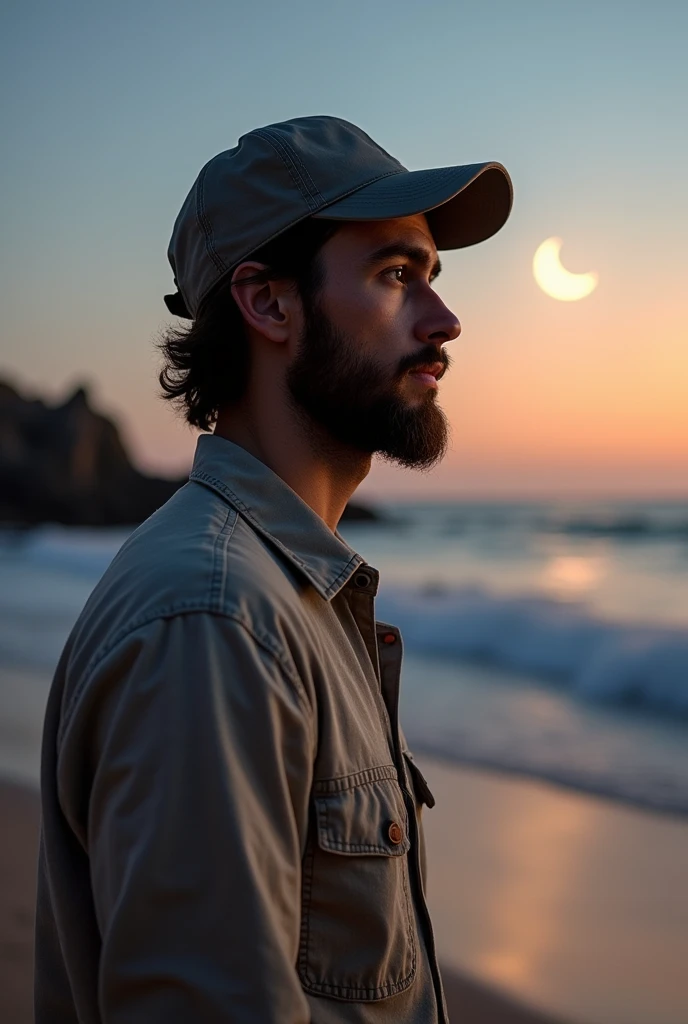 (photorealism:1.2) man, wearing cap and paint shirt, near beach, soft lighting,moon in background, neck turn, realistic, intricate details, warm colors, French style beard, shirt hair, 