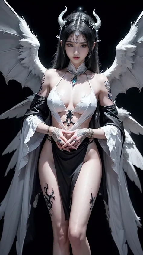 emphasis on wings, wings on shoulder, Angel wings and devil wings, white wings and black wings, (Realistic picture, highest resolution, 16ก), (A demon god with wide wings and enormous power on his shoulders..., Twelve wings on the shoulders., Bat Wingsดำ:1...