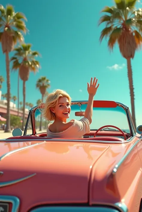 Blonde girl on a skyblue convertible car, turned their back and lifting one hand having fun, in Los Angeles beach with palm trees, retro style