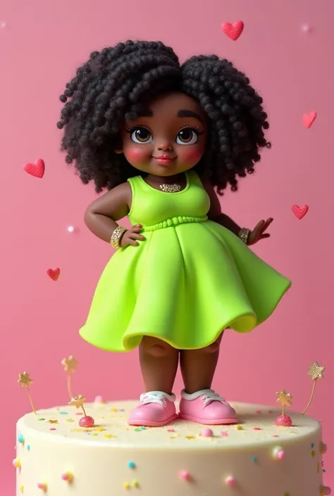 A cake topper featuring a curly black teenager,  neon dress, chubby
