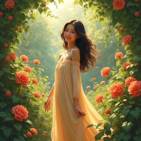 A cheerful, vibrant garden scene with a young woman in a flowing dress standing among colorful flowers, sunlight dappling her face, a blissful expression, detailed facial features, lush foliage in the background, (best quality,4k,8k,highres,masterpiece:1.2...