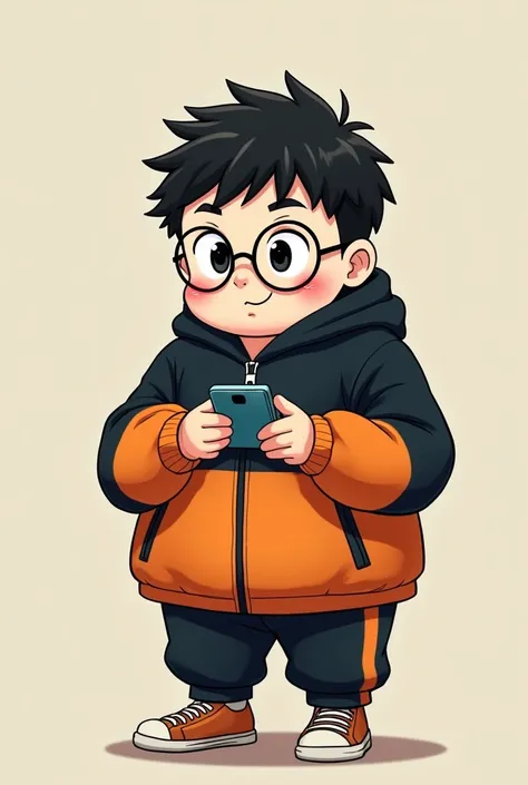 chubby boy, of 1.66 tall, Wearing glasses, with short, military-style hair and black color, black eyes, wearing a jacket that fits your body, Jacket color: black on the top half and orange on the bottom half, wearing gym pants and looking at his cell phone...