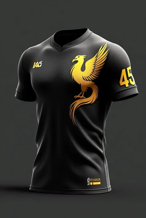 Black jersey with golden phoenix on the right chest and number 45 on the back and IAG as brand sponsor on the left hand with collar and full hand and phoenix fury as team name in centre