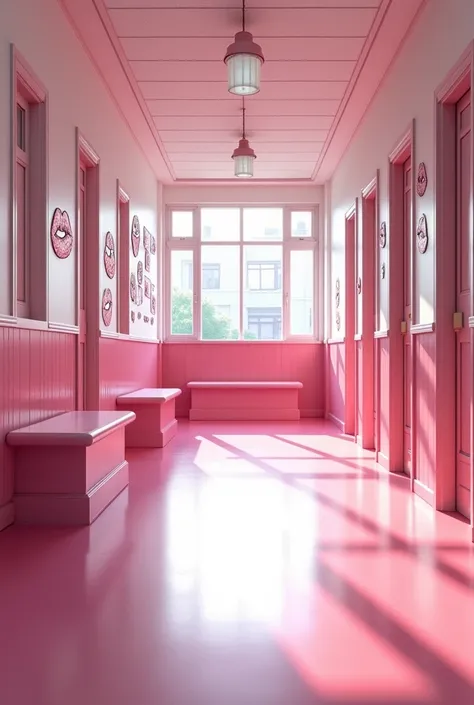 (photorealism:1.2) 
Inside a pink and white classic school hallway second floor of a pink classic school, Along the hallway there are some classic school pink open doors of the different classes rooms. Theres a long pink bench along the hallway, 
At the ri...