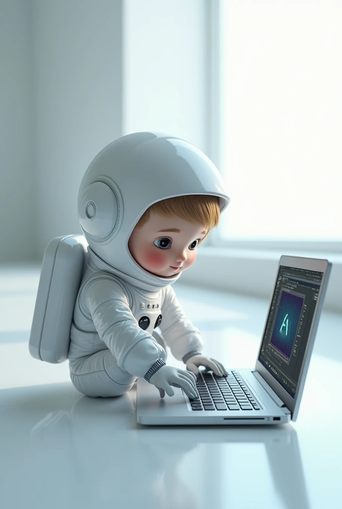 little human astronaut avatar in white costume  working on a laptop with showing open  screen of aftereffects interfACE 