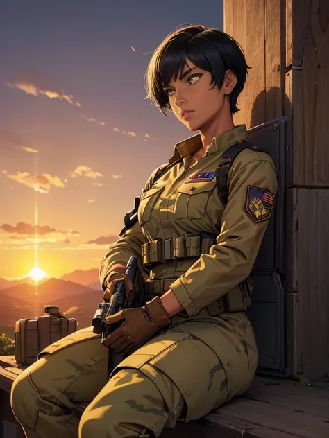 (26 year old:1.3), (tanned bronze skin:1.4), (Yellow colored eyes:1.4), (Short Black Hair:1.3), (Wearing: USA marine corps uniform, camouflage military uniform, armor and gloves), army girl, soldier girl, infantry girl, (sunset :1.2),(Sitting with hands ho...