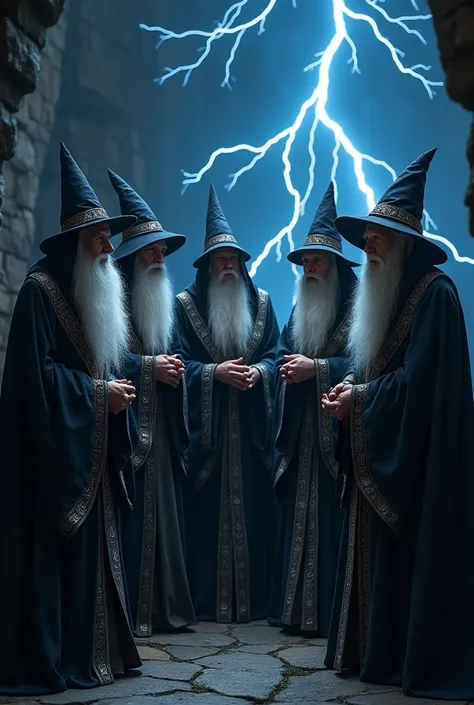 A realistic image of five wizards standing side by side in a predominantly dark setting with the secondary color black.. Wizards must look very realistic, as if they were real people, each dressed in detailed traditional wizard robes. The background must b...