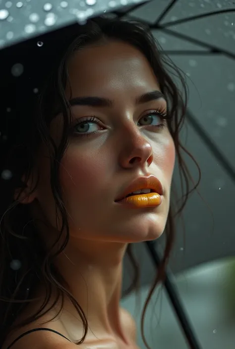 (Masterpiece.uhd.photorealistic) an ultra hot gorgeous European woman. Age 23. Voluptuous hourglass body.(gorgeous Baby face). Huge boobs (100 DDsize). (( extreme close up on her full deep yellow lips.)) rainy day.