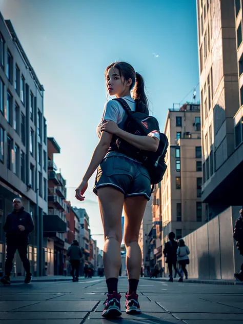 a giant young girl, 500 meters tall, standing next to small buildings, athletic build, wearing shorts, looking down, interacting with people, highly detailed, cinematic lighting, dramatic angle, photorealistic, hyper detailed, 8k, best quality