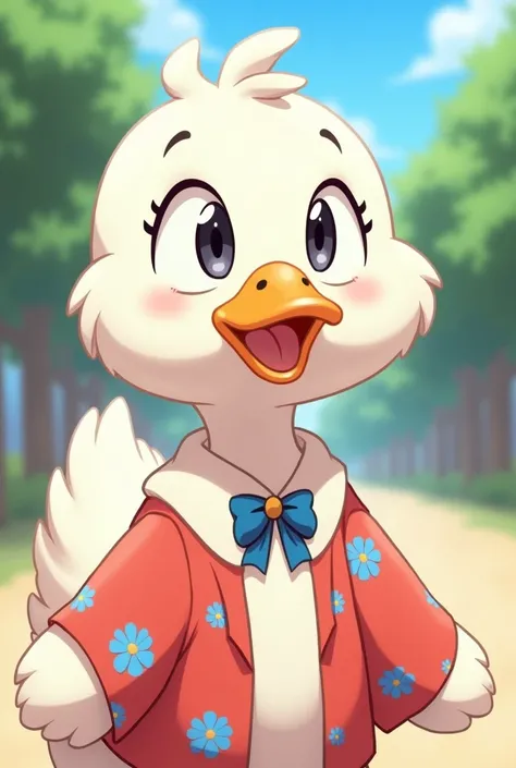 Create an image of a cheerful white goose who look at the camera with a anime and exaggerated look. The goose should have big, expressive eyes and the mouth closed, and a rounded, soft body shape. The character should be dressed in a Light open red shirt w...