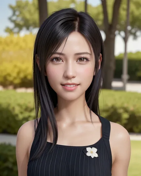 Best Quality, Ultra high definition, (Photorealistic:1.4),Sunset light, Ponytail, detailed photo, Smiling, Sexy, Black shirt, Facing Camera, (masutepiece: 1.3), (8K, Photorealistic, Best Quality), (1girl in), Beautiful face, (Realistic face), (Black hair, ...