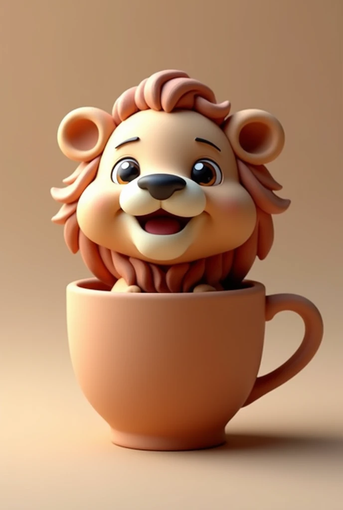 lion 3d clay rendering clay sculpture clay model 3d rendering style 3d art，Make a cup with a gentle lion head and open mouth